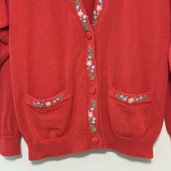 Vintage Talbots Susan Bristol Red Cotton Button Up Cardigan Floral Embroidered - Picture 4 of 14